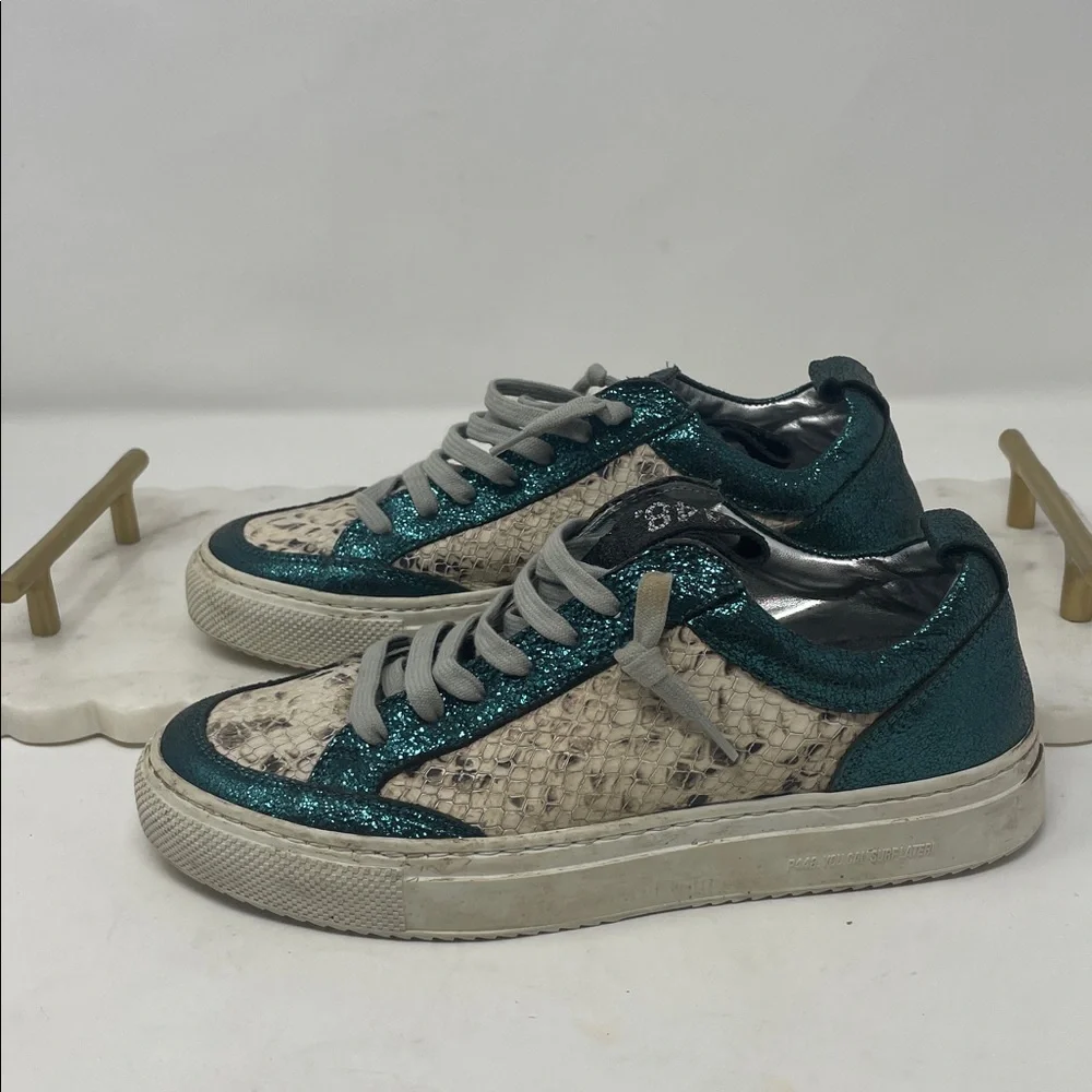 P448 Metallic Teal Snakeskin Accent Lace Sneakers Size 6